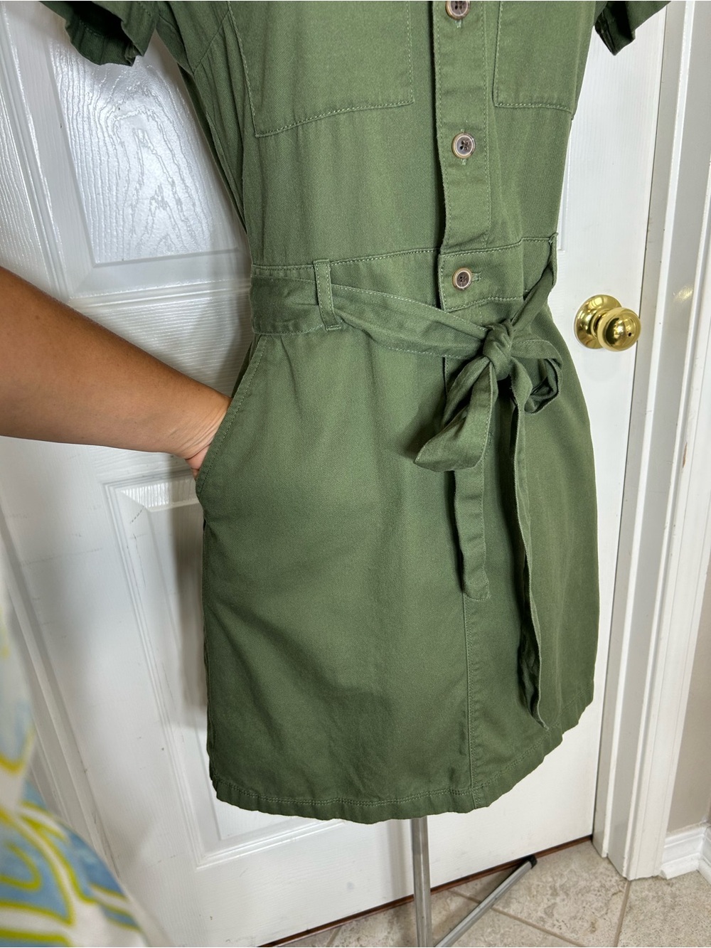 J Crew Cotton Olive Green Utility Shirt Dress Belt Pockets Elastic Back Waist 2 - Picture 3 of 14